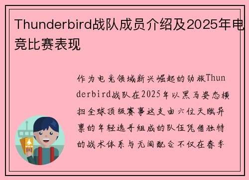 Thunderbird战队成员介绍及2025年电竞比赛表现