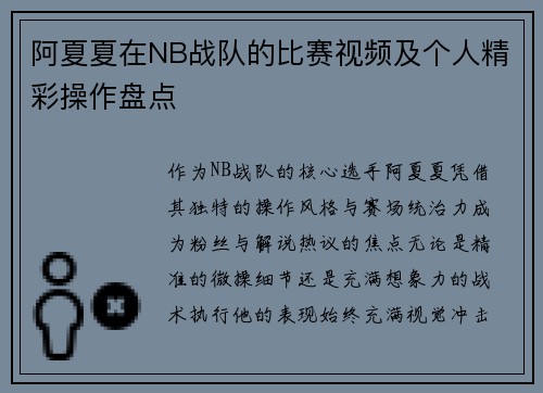 阿夏夏在NB战队的比赛视频及个人精彩操作盘点