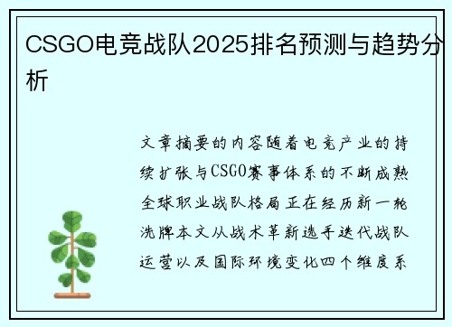 CSGO电竞战队2025排名预测与趋势分析
